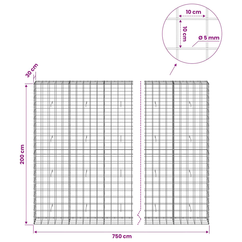 vidaXL Gabion z drutem 5 mm i siatką 10x10 cm 750x30x200 cm
