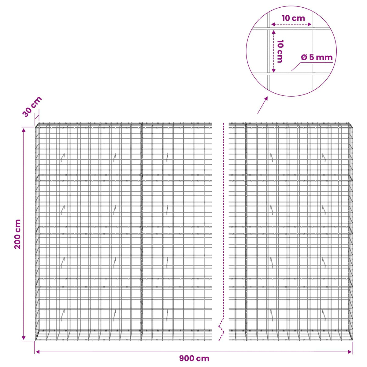 vidaXL Gabion z drutem 5 mm i siatką 10x10 cm 900x30x200 cm