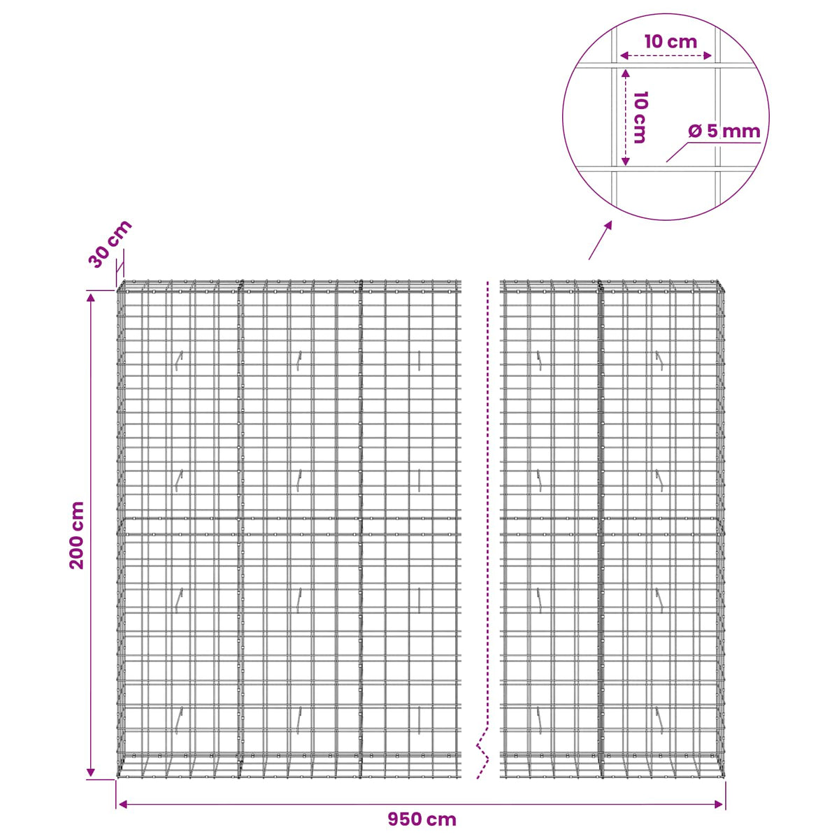vidaXL Gabion z drutem 5 mm i siatką 10x10 cm 950x30x200 cm