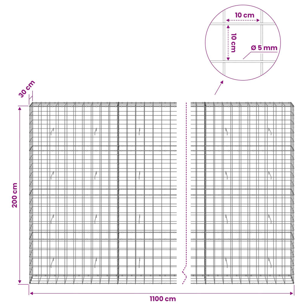 vidaXL Gabion z drutem 5 mm i siatką 10x10 cm 1100x30x200 cm