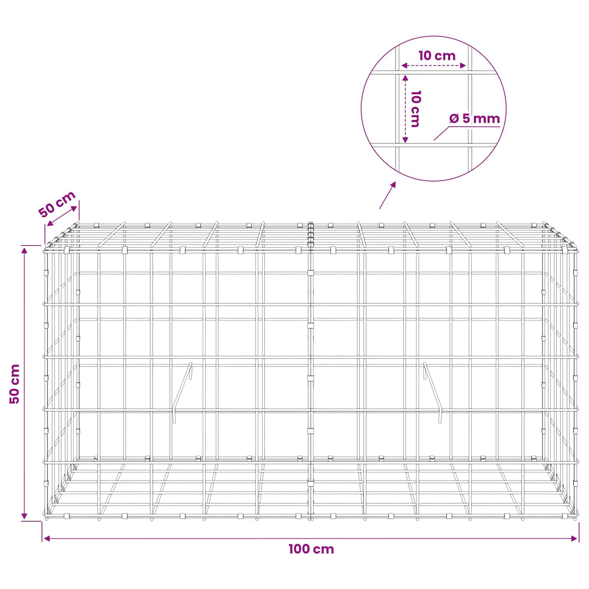 vidaXL Gabion z drutem 5 mm i siatką 10x10 cm 100x50x50 cm