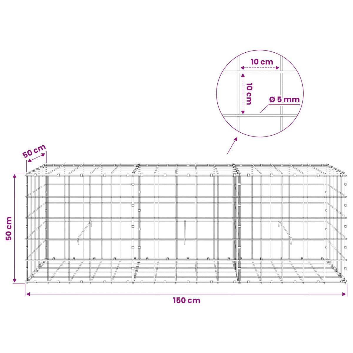vidaXL Gabion z drutem 5 mm i siatką 10x10 cm 150x50x50 cm