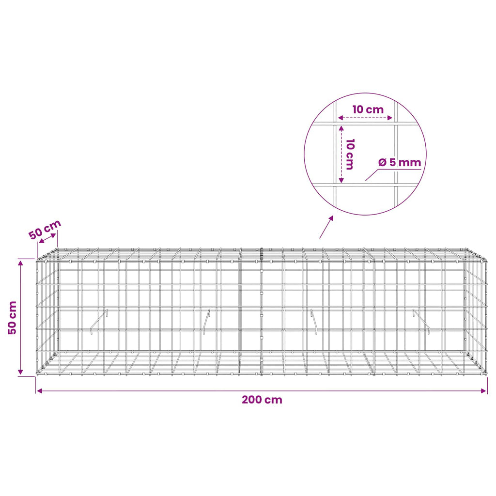 vidaXL Gabion z drutem 5 mm i siatką 10x10 cm 200x50x50 cm