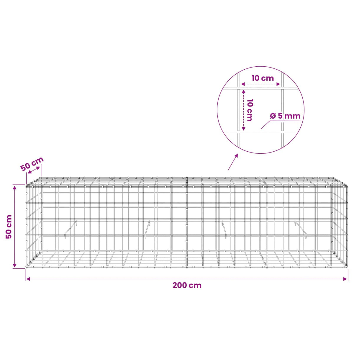 vidaXL Gabion z drutem 5 mm i siatką 10x10 cm 200x50x50 cm
