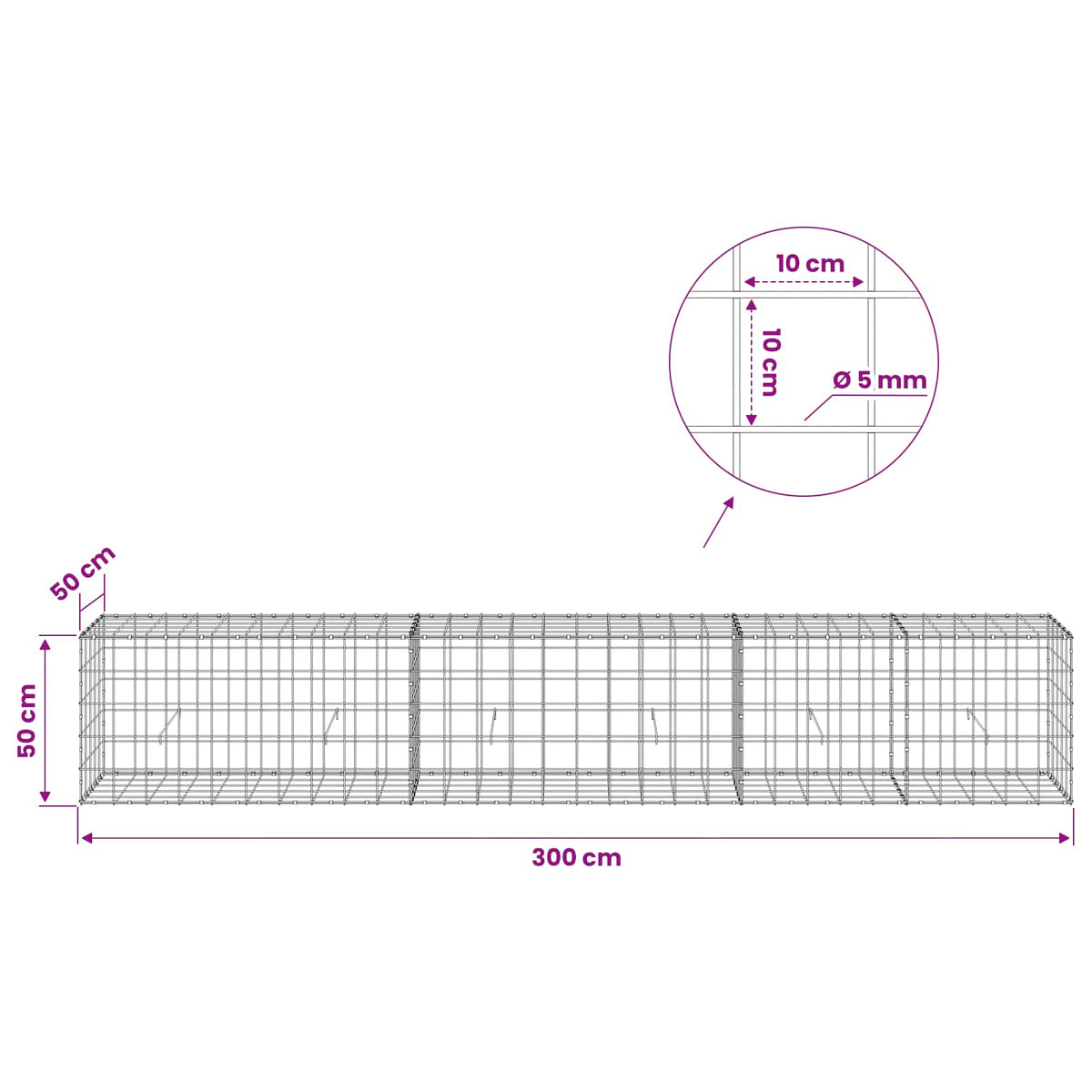 vidaXL Gabion z drutem 5 mm i siatką 10x10 cm 300x50x50 cm