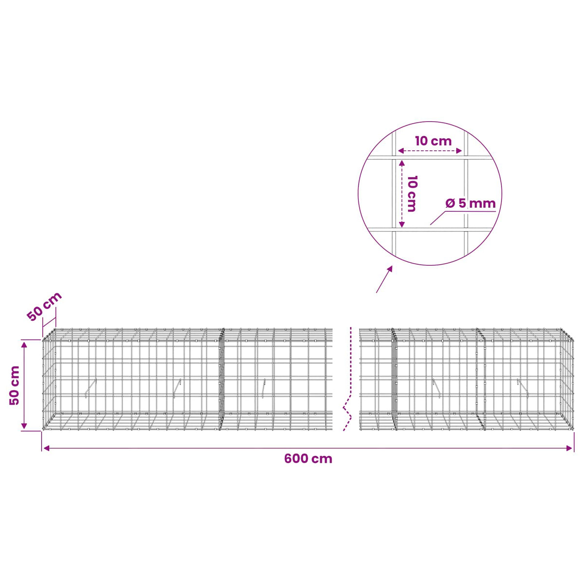 vidaXL Gabion z drutem 5 mm i siatką 10x10 cm 600x50x50 cm