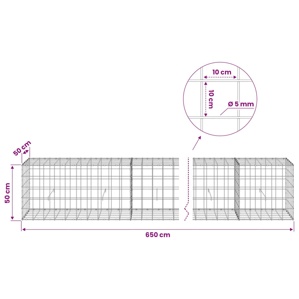 vidaXL Gabion z drutem 5 mm i siatką 10x10 cm 650x50x50 cm