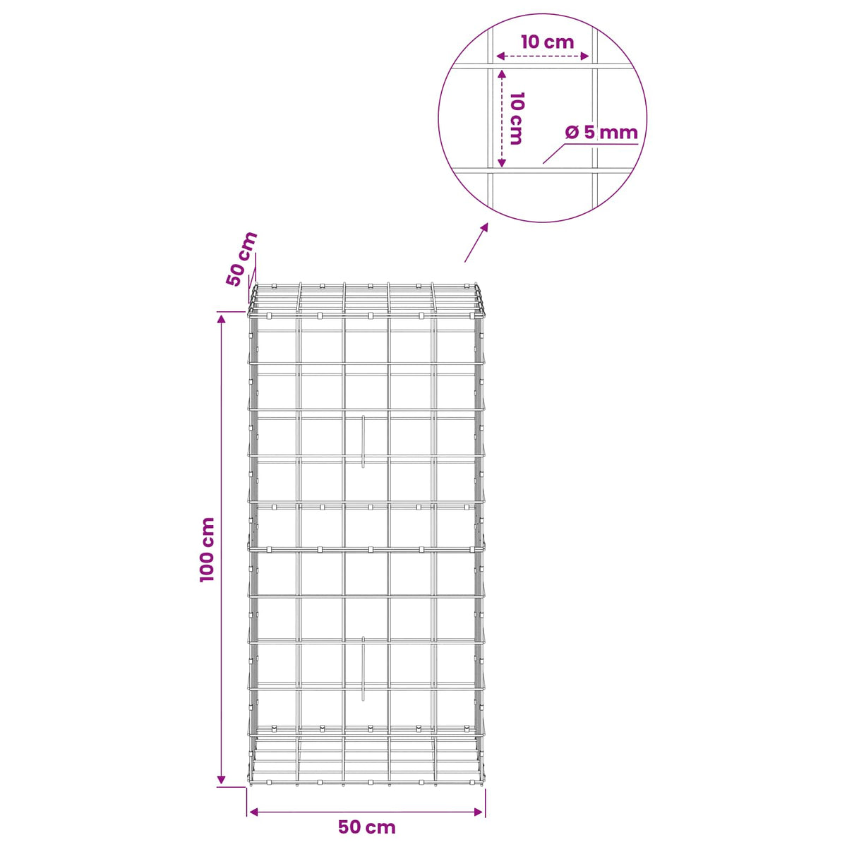 vidaXL Gabion z drutem 5 mm i siatką 10x10 cm 50x50x100 cm