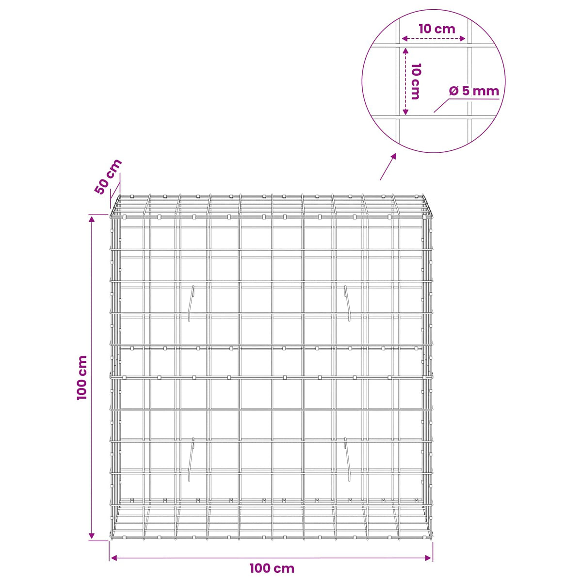 vidaXL Gabion z drutem 5 mm i siatką 10x10 cm 100x50x100 cm