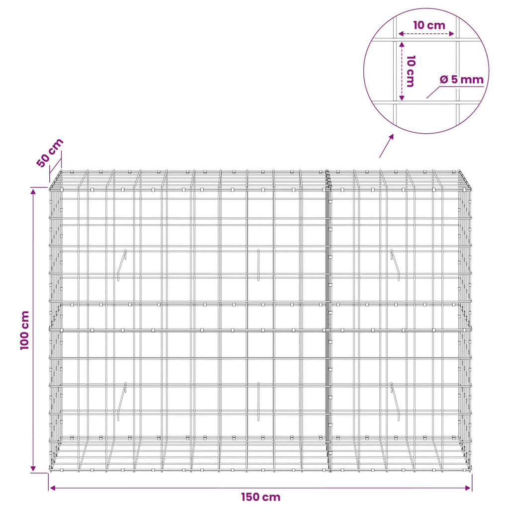 vidaXL Gabion z drutem 5 mm i siatką 10x10 cm 150x50x100 cm