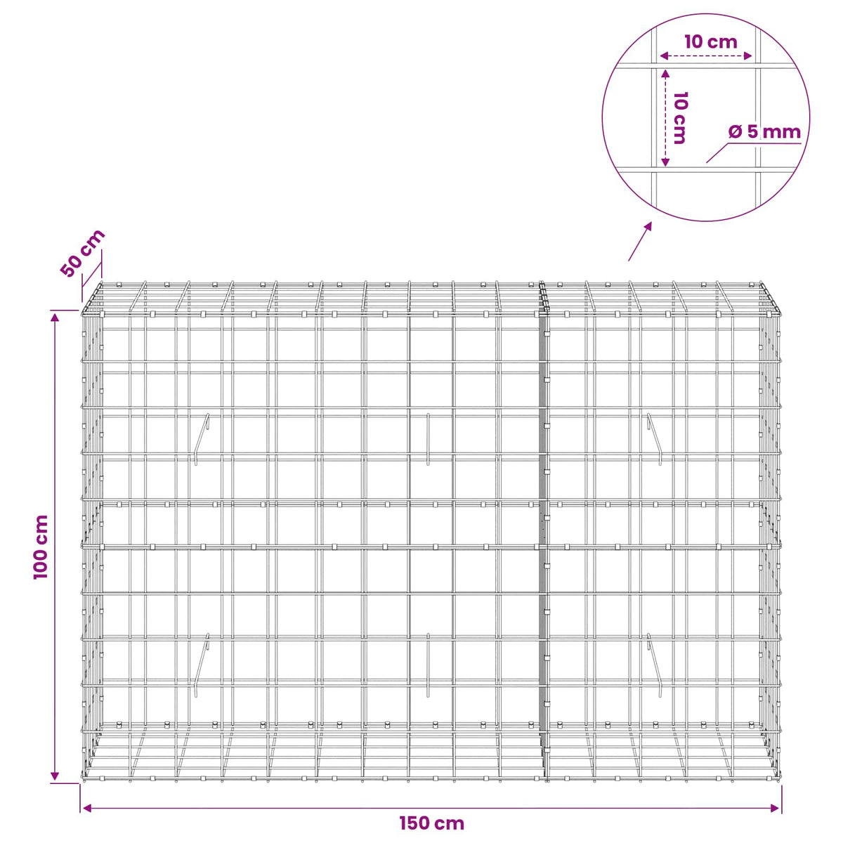 vidaXL Gabion z drutem 5 mm i siatką 10x10 cm 150x50x100 cm