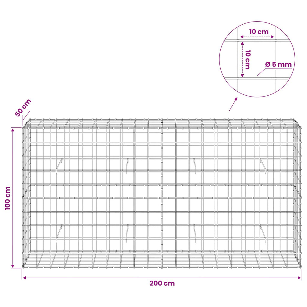 vidaXL Gabion z drutu 5 mm i siatką 10x10 cm 200x50x100 cm