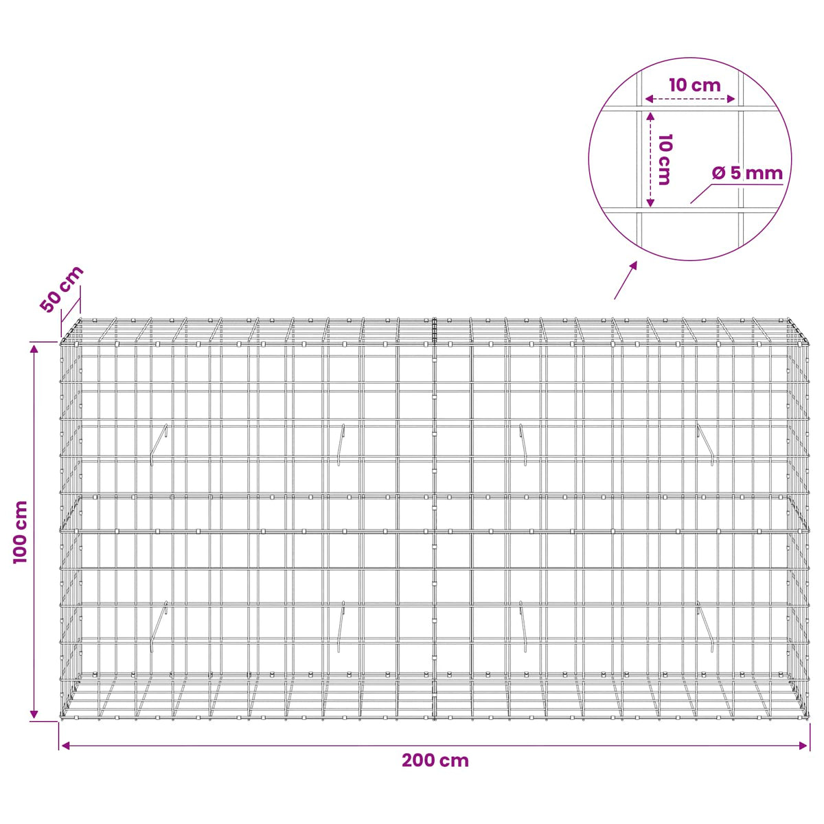 vidaXL Gabion z drutu 5 mm i siatką 10x10 cm 200x50x100 cm