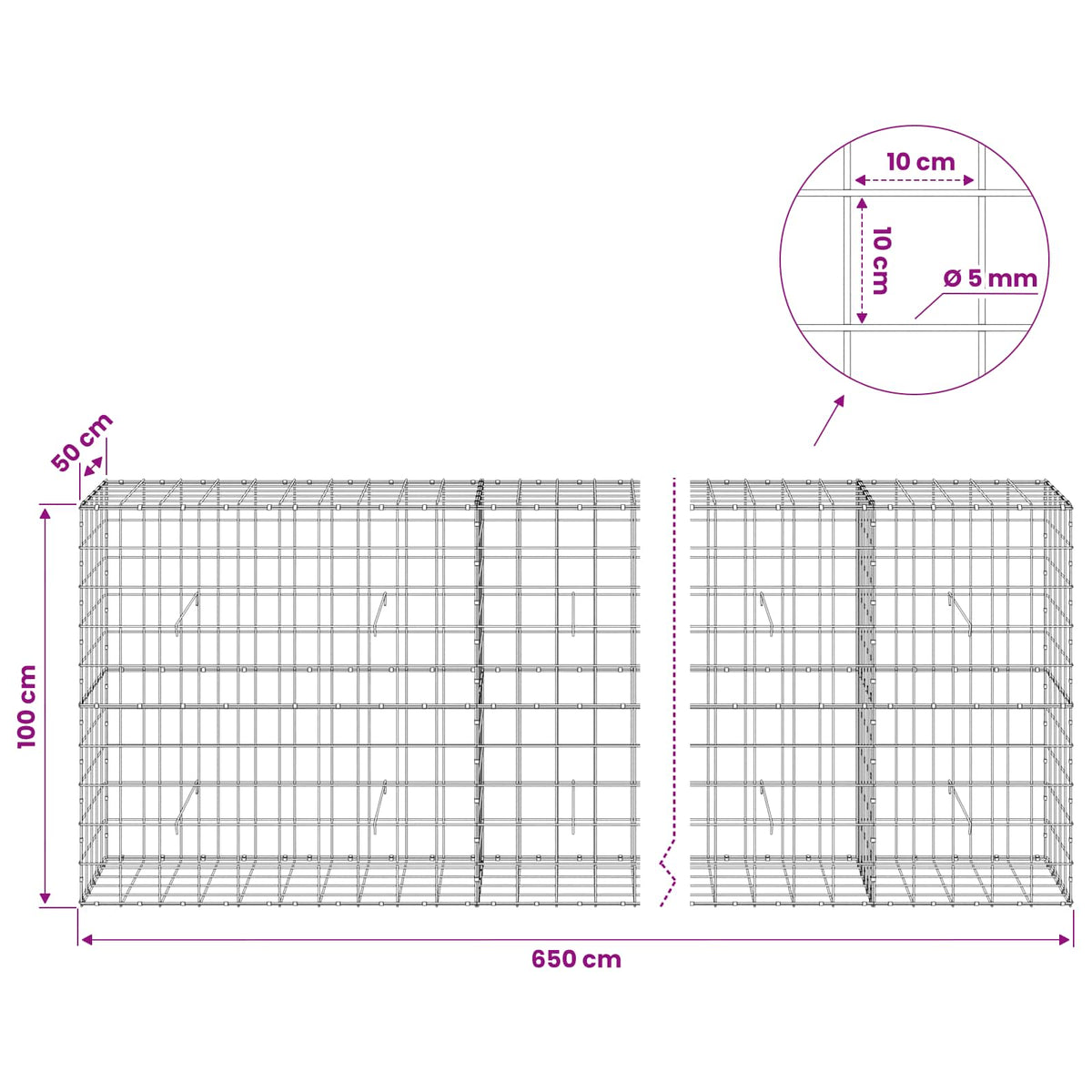 vidaXL Gabion z drutem 5 mm i siatką 10x10 cm 650x50x100 cm