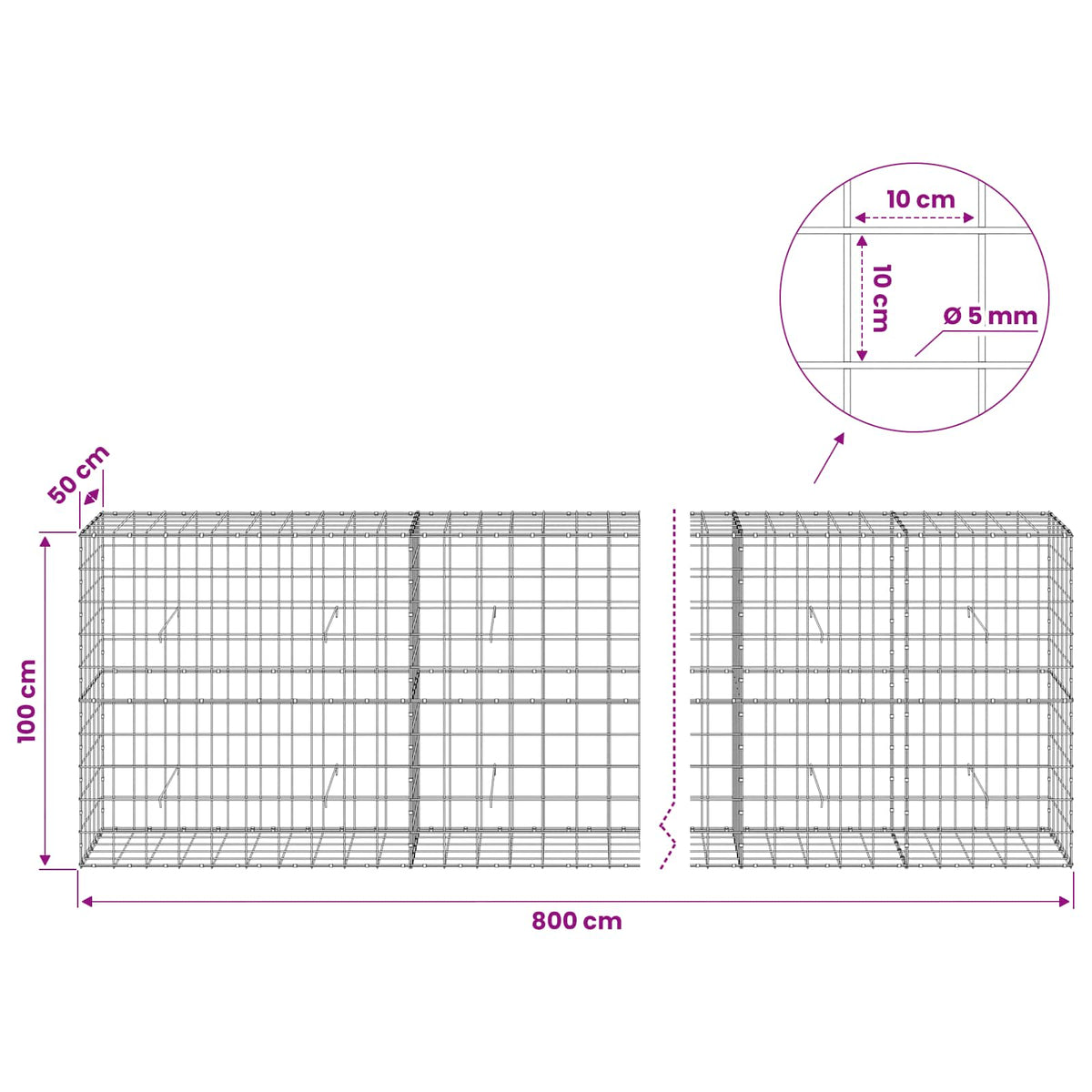 vidaXL Gabion z drutem 5 mm i siatką 10x10 cm 800x50x100 cm