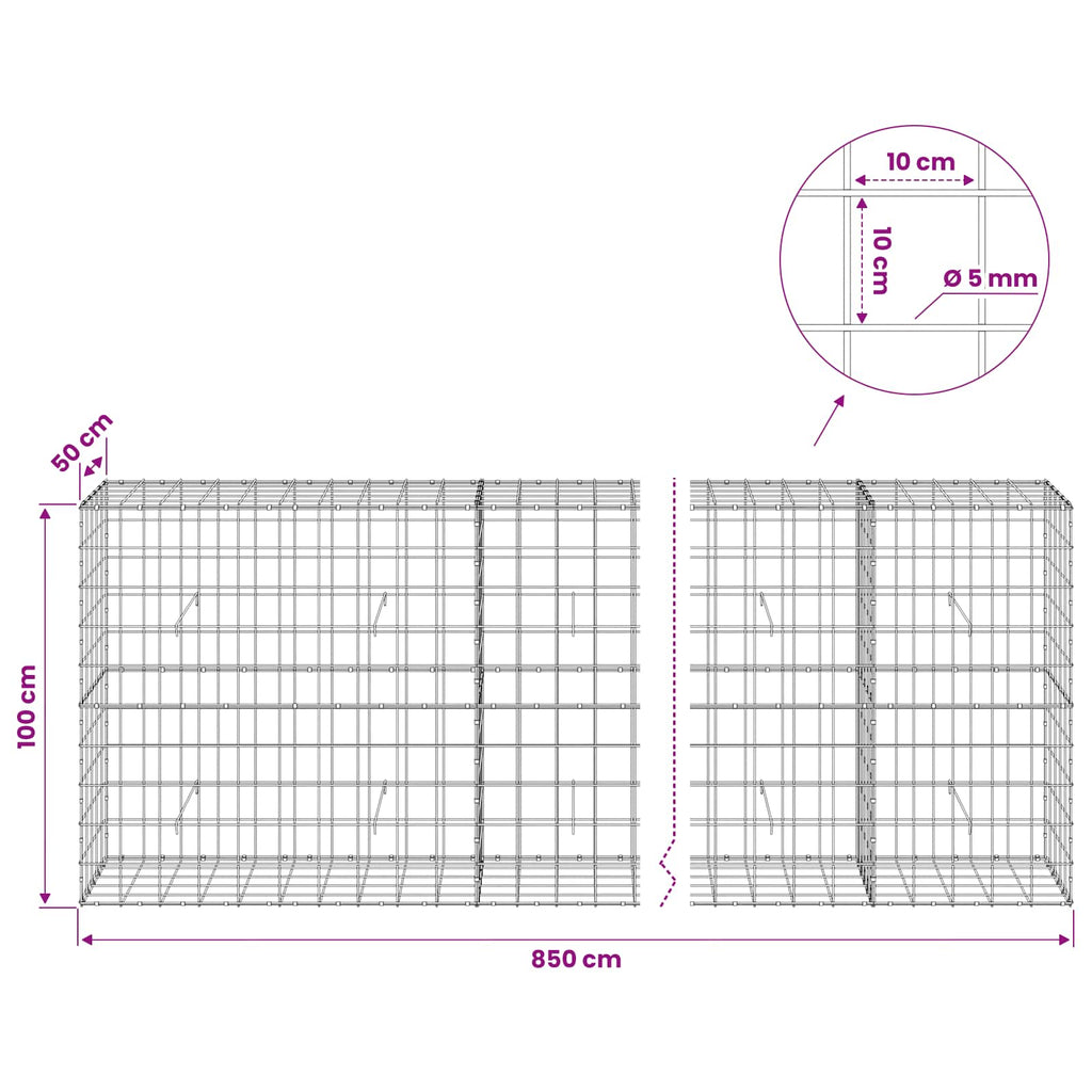 vidaXL Gabion z drutem 5 mm i siatką 10x10 cm 850x50x100 cm