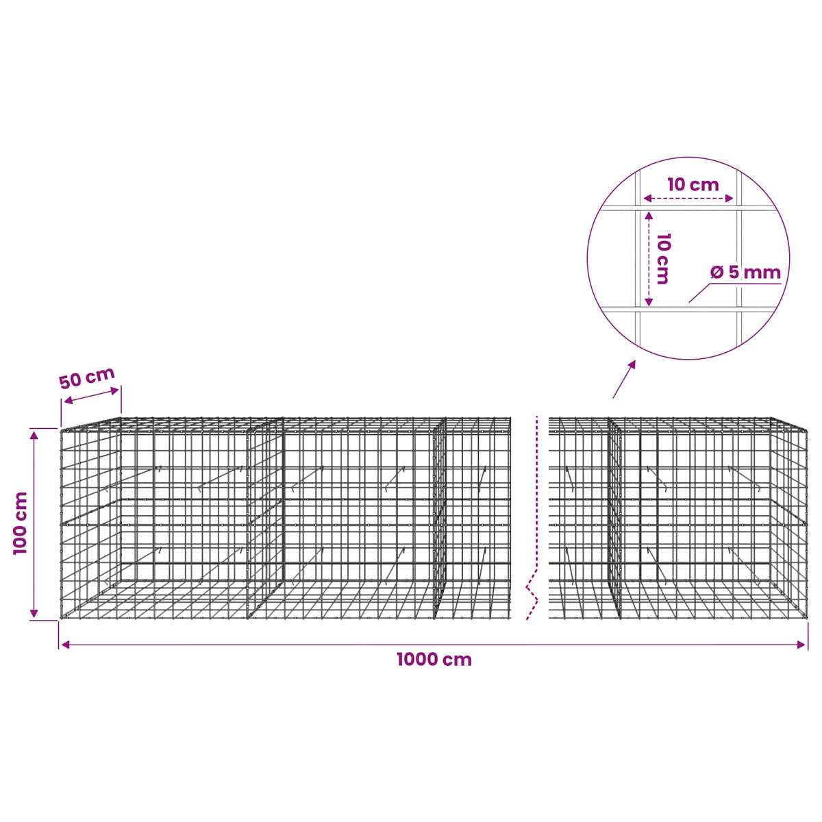 vidaXL Gabion z drutem 5 mm i siatką 10x10 cm 1000x50x100 cm