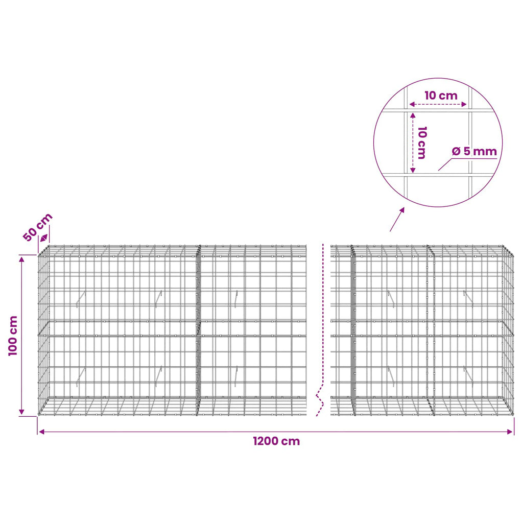 vidaXL Gabion z drutu 5 mm i siatką 10x10 cm 1200x50x100 cm