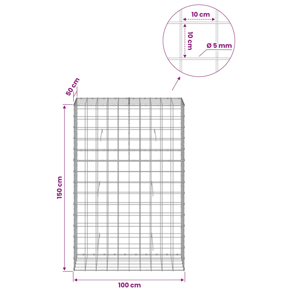 vidaXL Gabion z drutem 5 mm i siatką 10x10 cm 100x50x150 cm