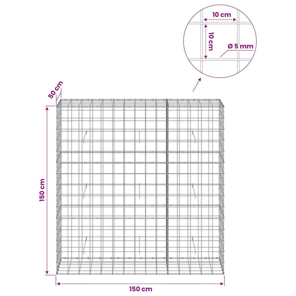 vidaXL Gabion z drutem 5 mm i siatką 10x10 cm 150x50x150 cm