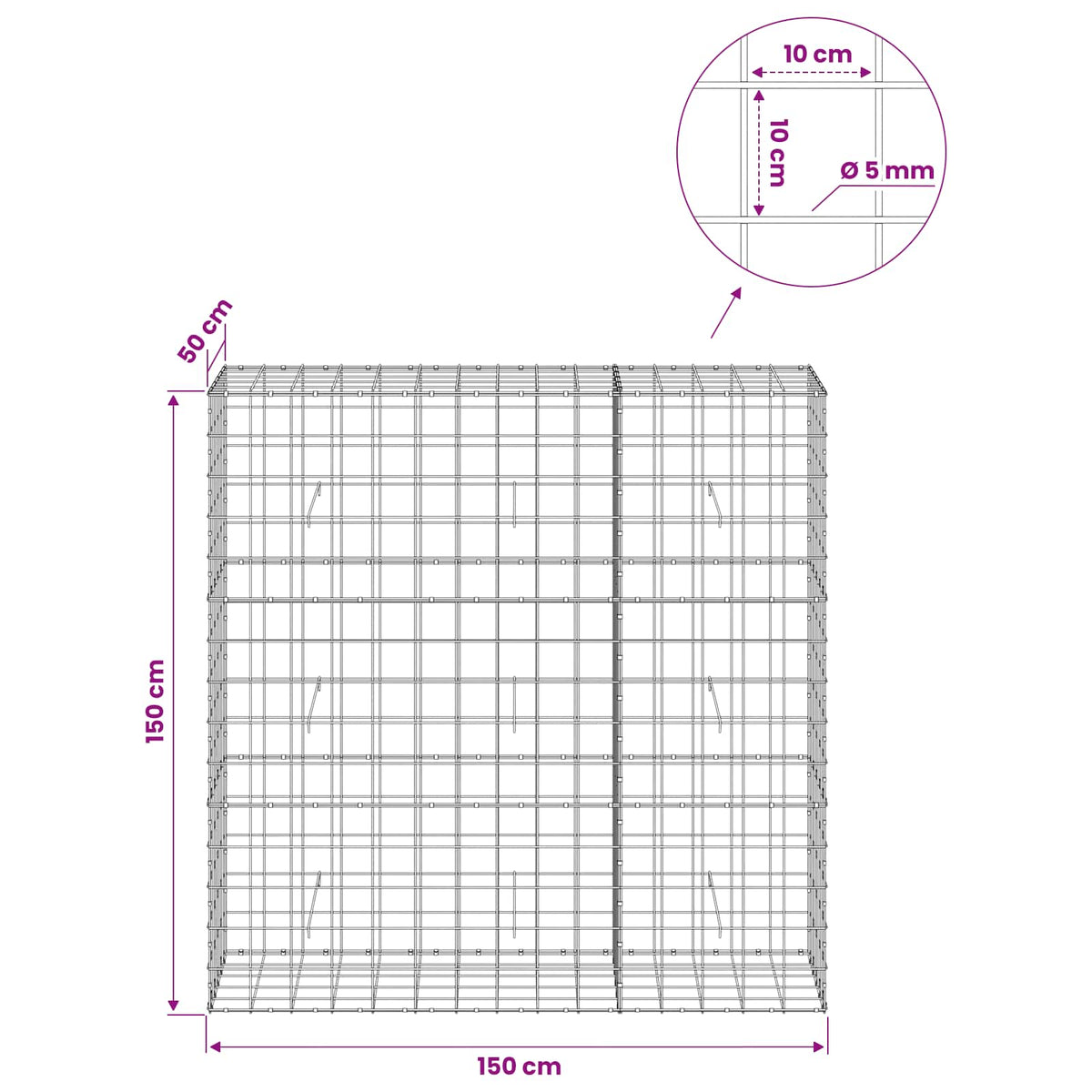 vidaXL Gabion z drutem 5 mm i siatką 10x10 cm 150x50x150 cm
