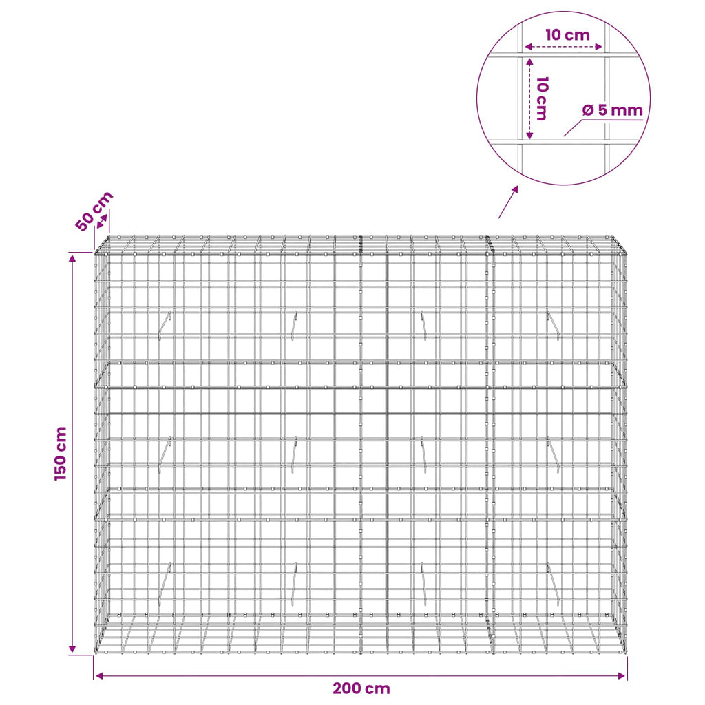vidaXL Gabion z drutem 5 mm i siatką 10x10 cm 200x50x150 cm