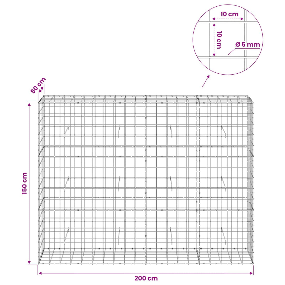 vidaXL Gabion z drutem 5 mm i siatką 10x10 cm 200x50x150 cm