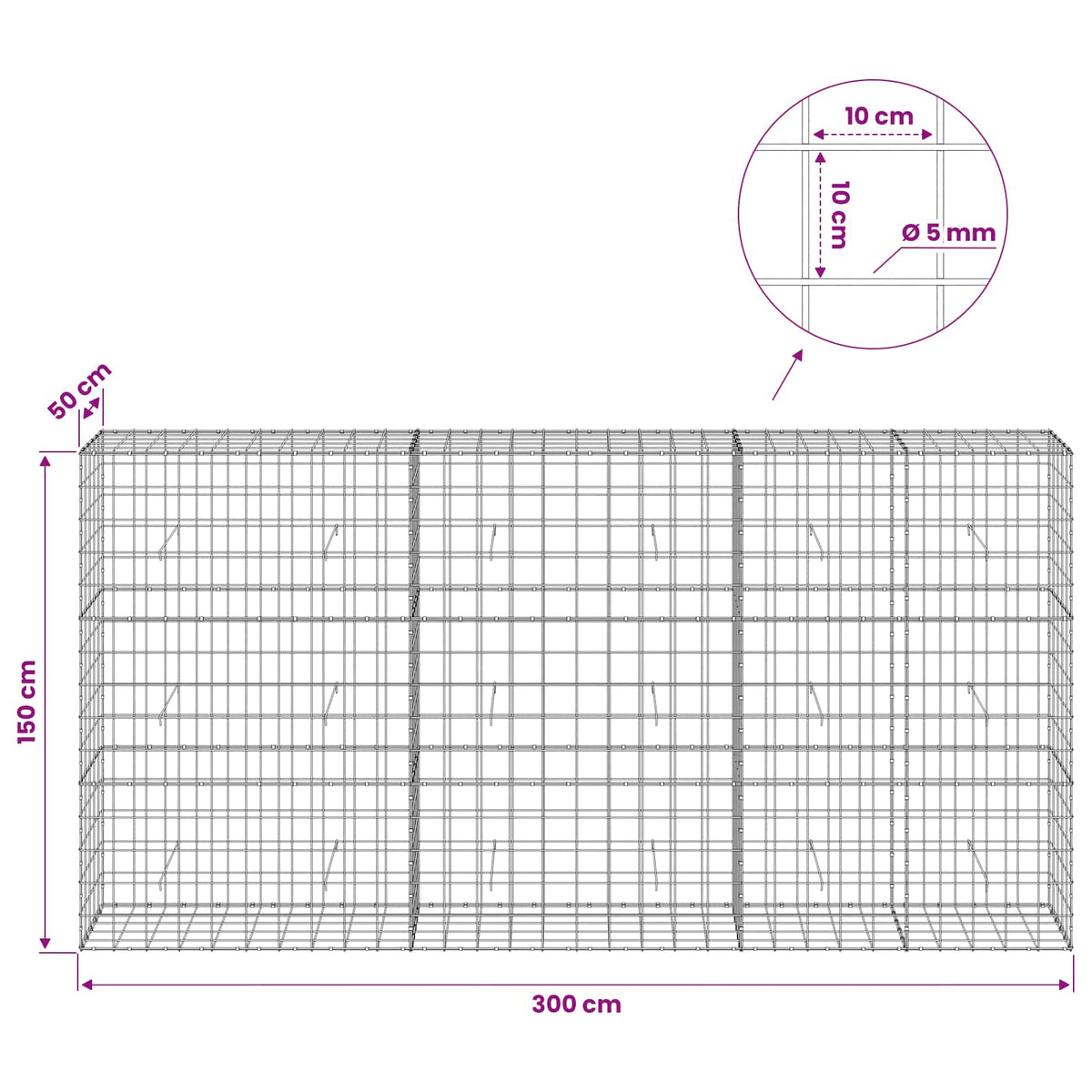 vidaXL Gabion z drutem 5 mm i siatką 10x10 cm 300x50x150 cm