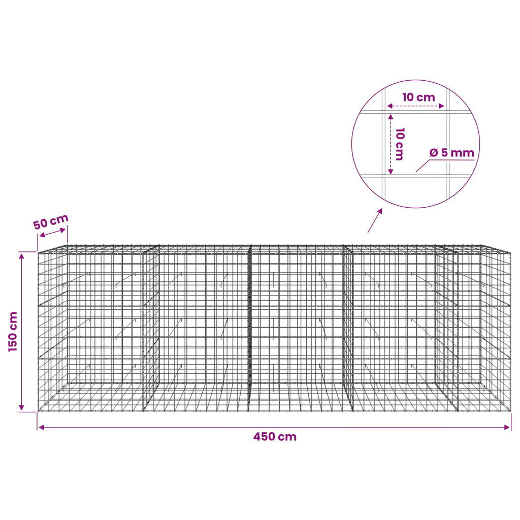 vidaXL Gabion z drutem 5 mm i siatką 10x10 cm 450x50x150 cm