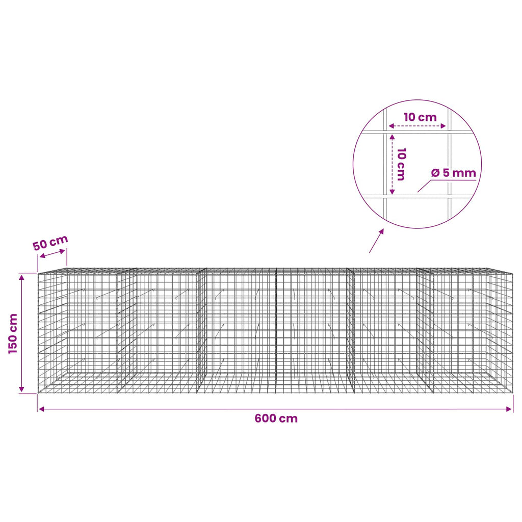 vidaXL Gabion z drutem 5 mm i siatką 10x10 cm 600x50x150 cm