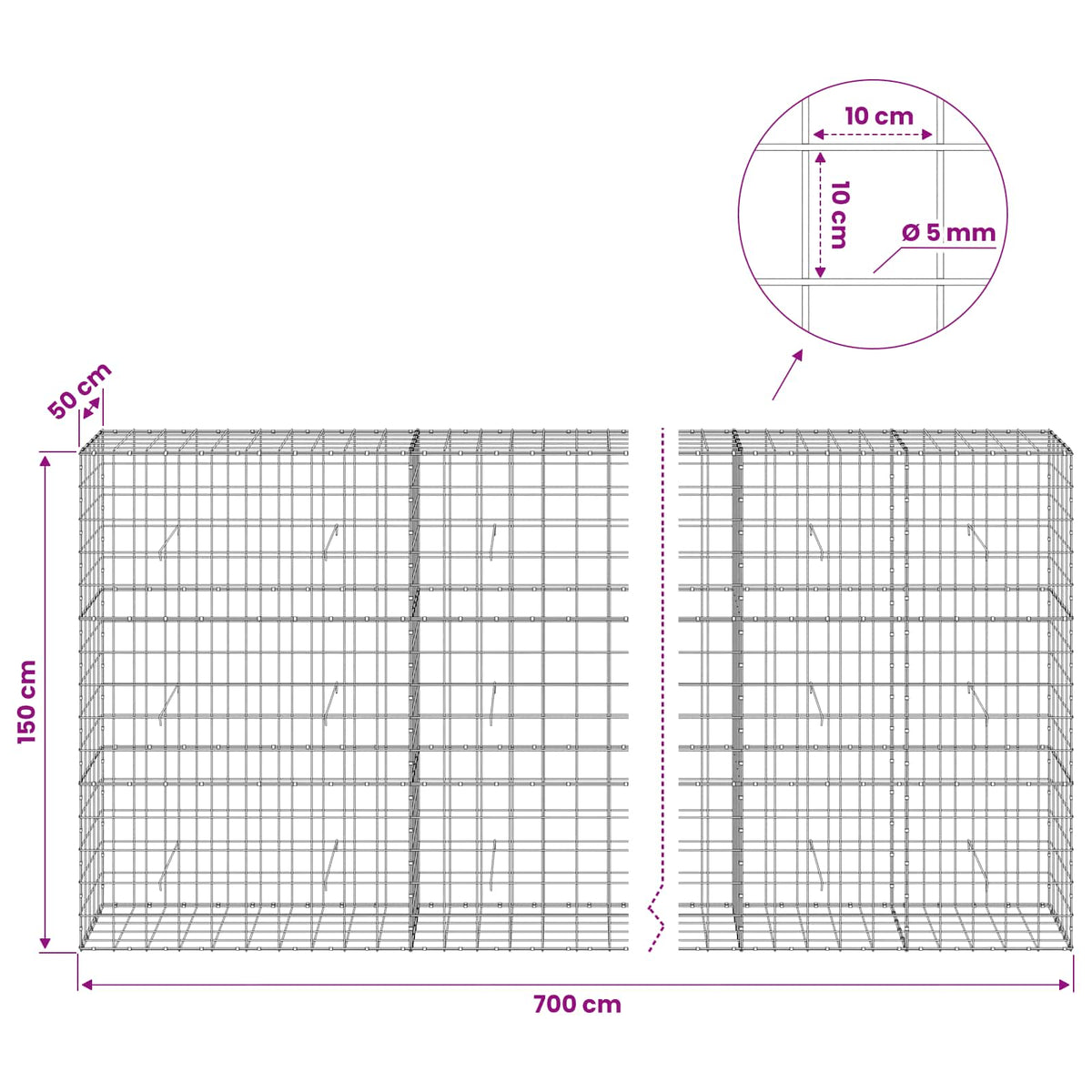 vidaXL Gabion z drutem 5 mm i siatką 10x10 cm 700x50x150 cm