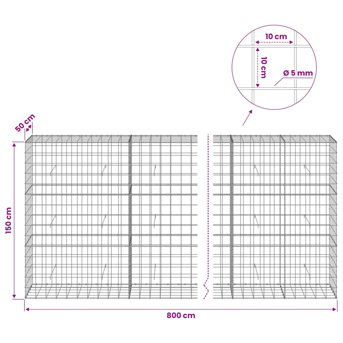 vidaXL Gabion z drutem 5 mm i siatką 10x10 cm 800x50x150 cm