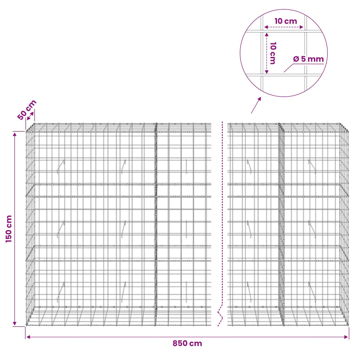 vidaXL Gabion z drutem 5 mm i siatką 10x10 cm 850x50x150 cm