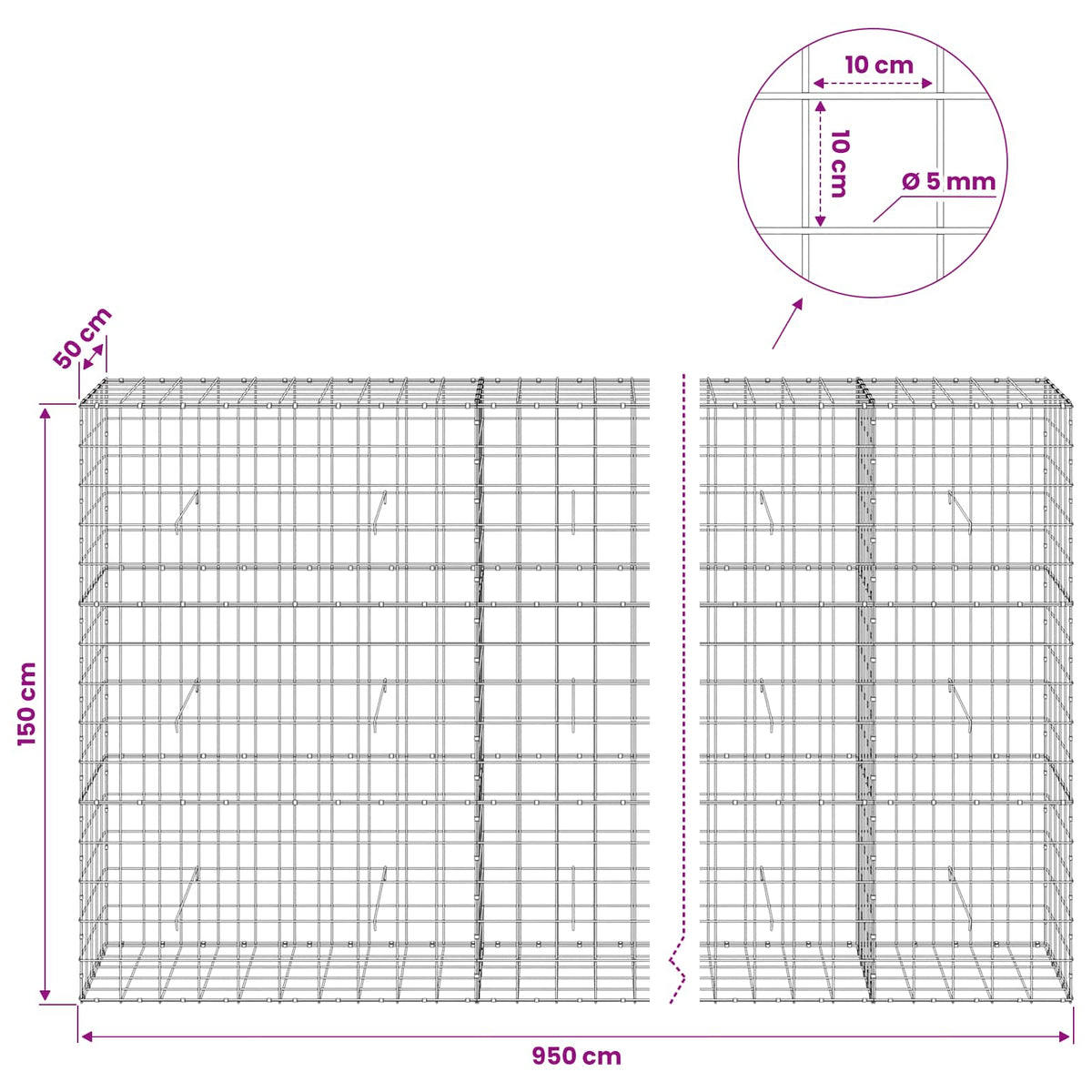 vidaXL Gabion z drutem 5 mm i siatką 10x10 cm 950x50x150 cm