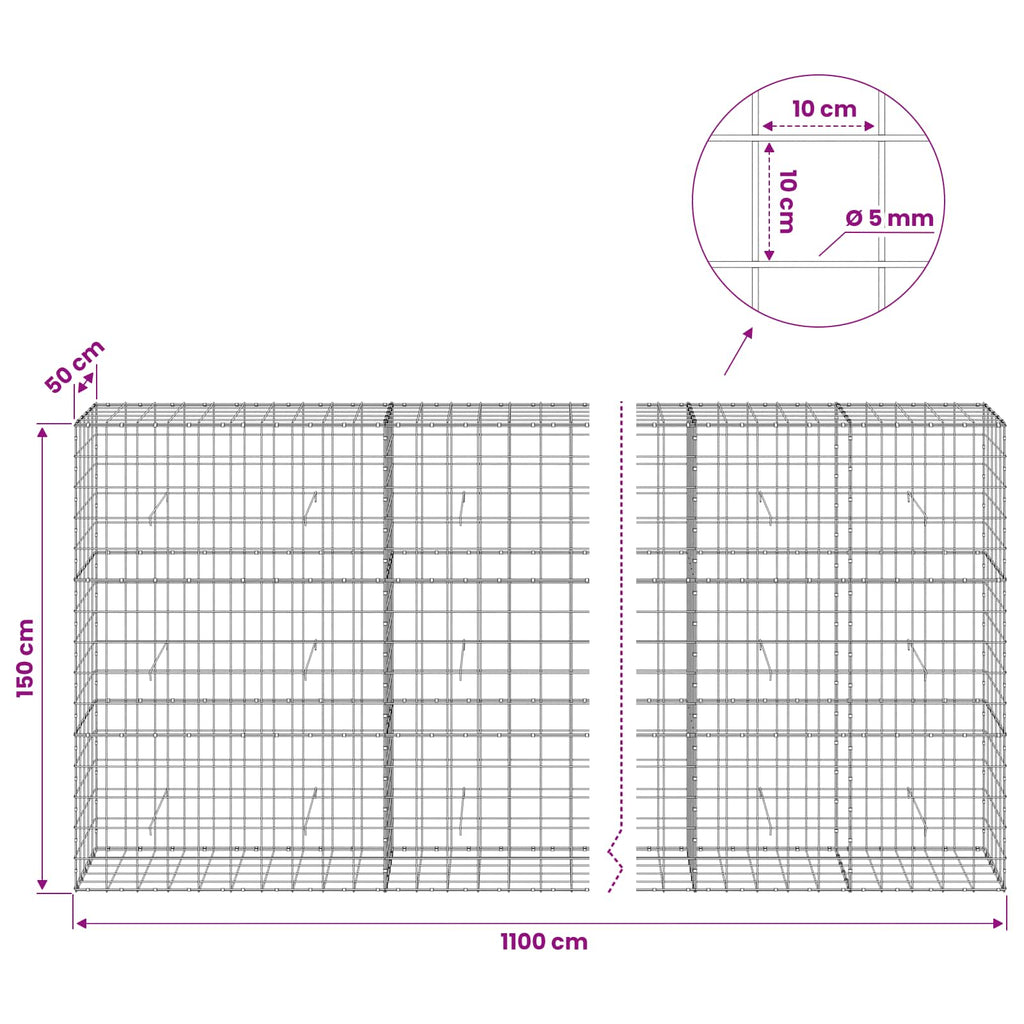 vidaXL Gabion z drutem 5 mm i siatką 10x10 cm 1100x50x150 cm