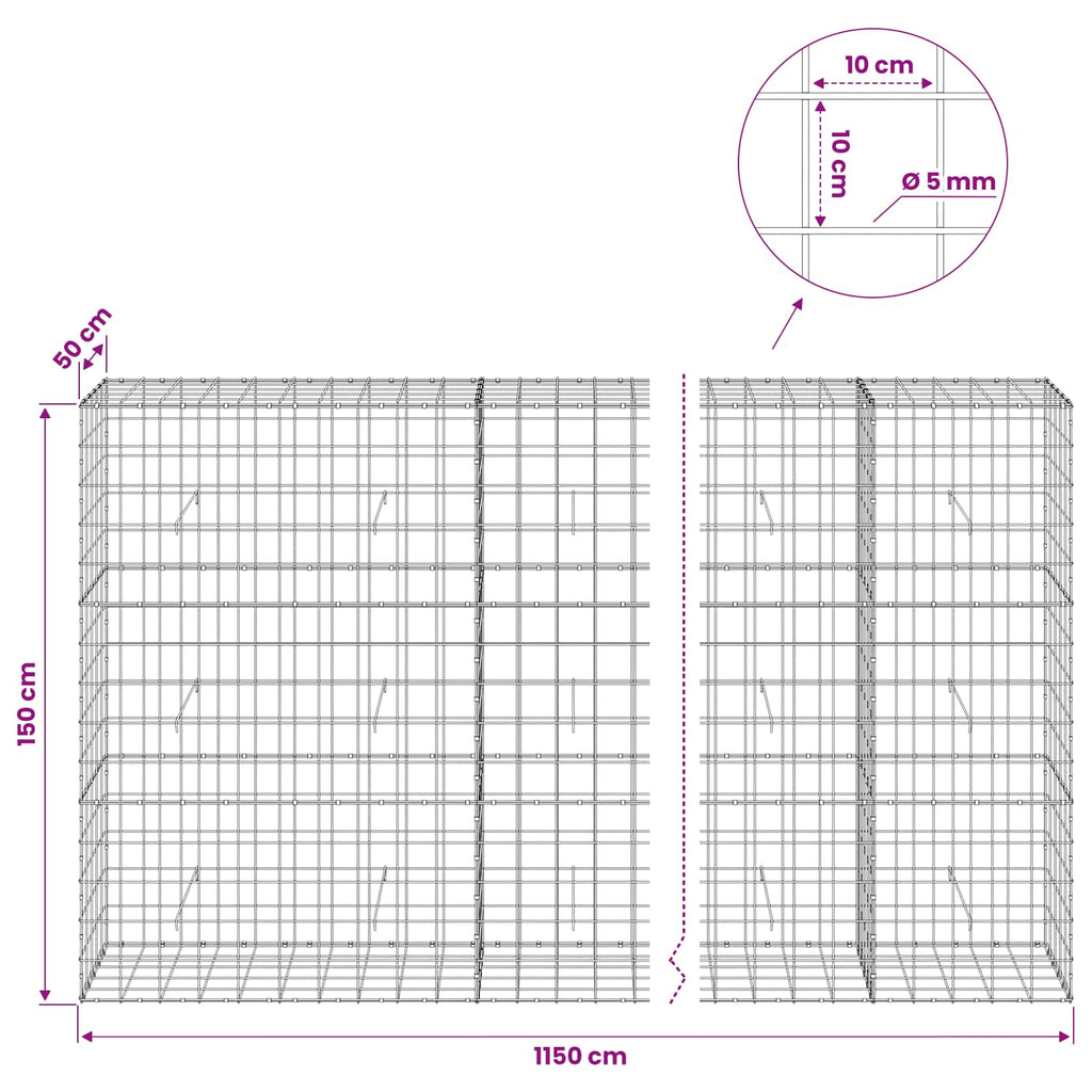 vidaXL Gabion z drutem 5 mm i siatką 10x10 cm 1150x50x150 cm