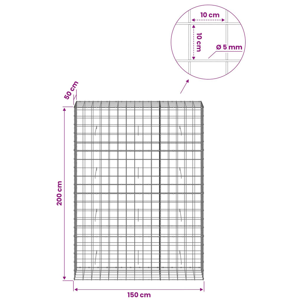 vidaXL Gabion z drutem 5 mm i siatką 10x10 cm 150x50x200 cm