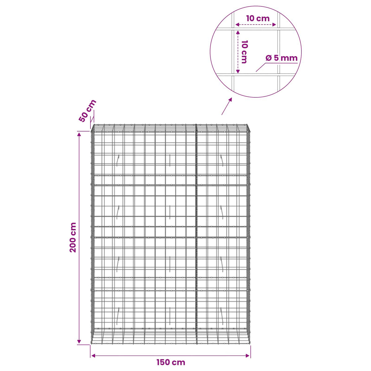 vidaXL Gabion z drutem 5 mm i siatką 10x10 cm 150x50x200 cm