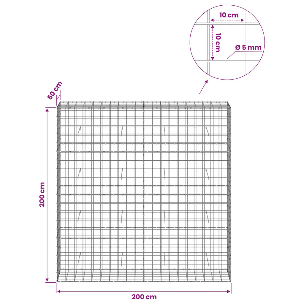 vidaXL Gabion z drutem 5 mm i siatką 10x10 cm 200x50x200 cm