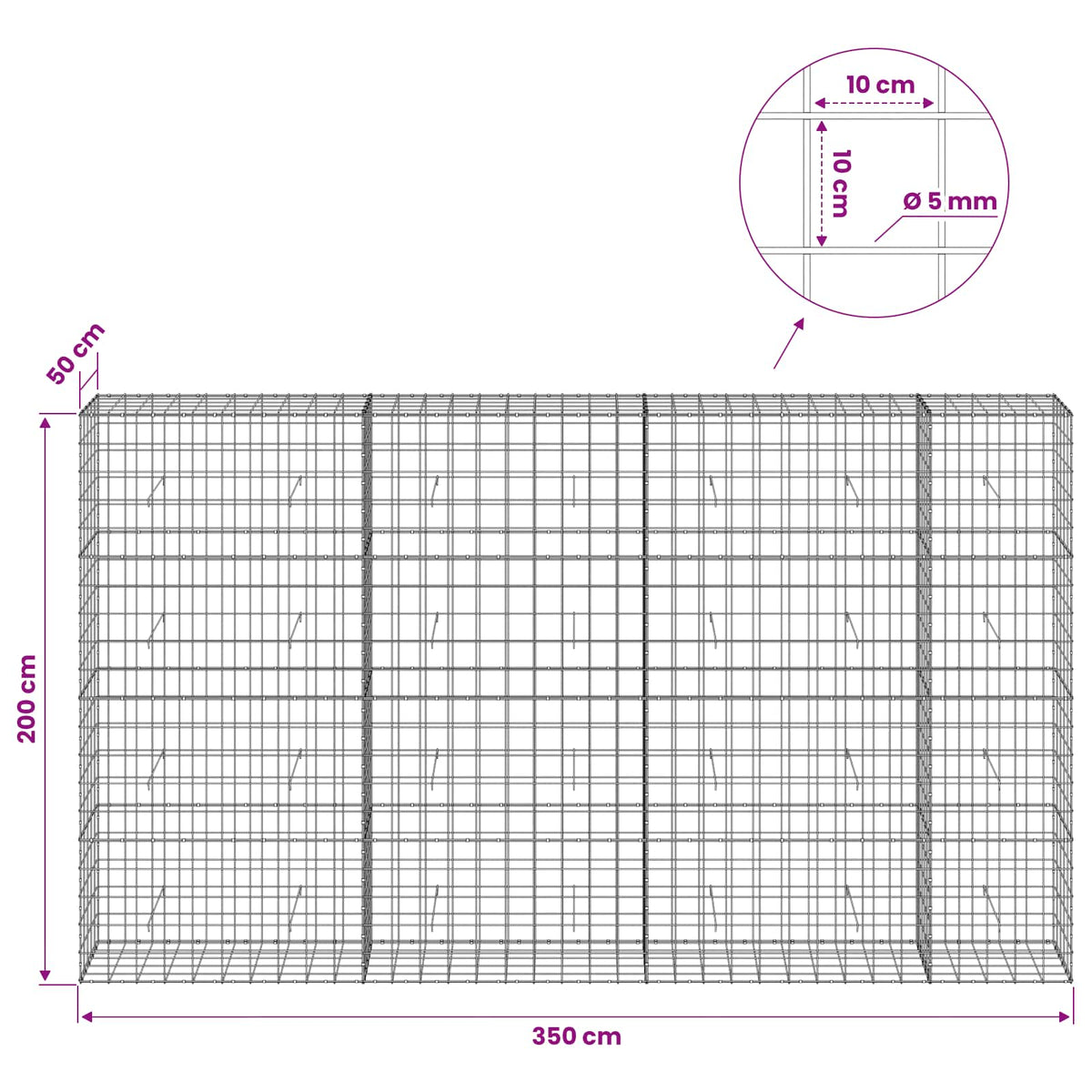 vidaXL Gabion z drutem 5 mm i siatką 10x10 cm 350x50x200 cm