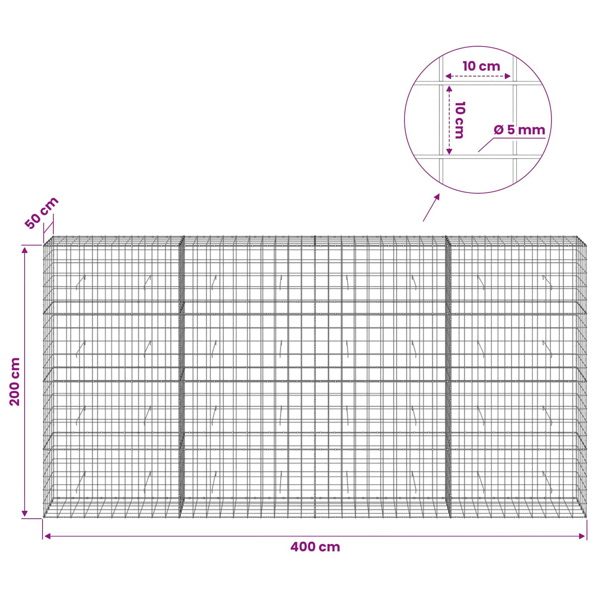 vidaXL Gabion z drutem 5 mm i siatką 10x10 cm 400x50x200 cm