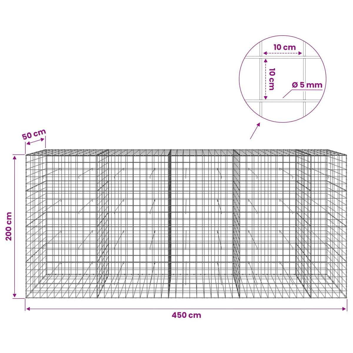 vidaXL Gabion z drutem 5 mm i siatką 10x10 cm 450x50x200 cm