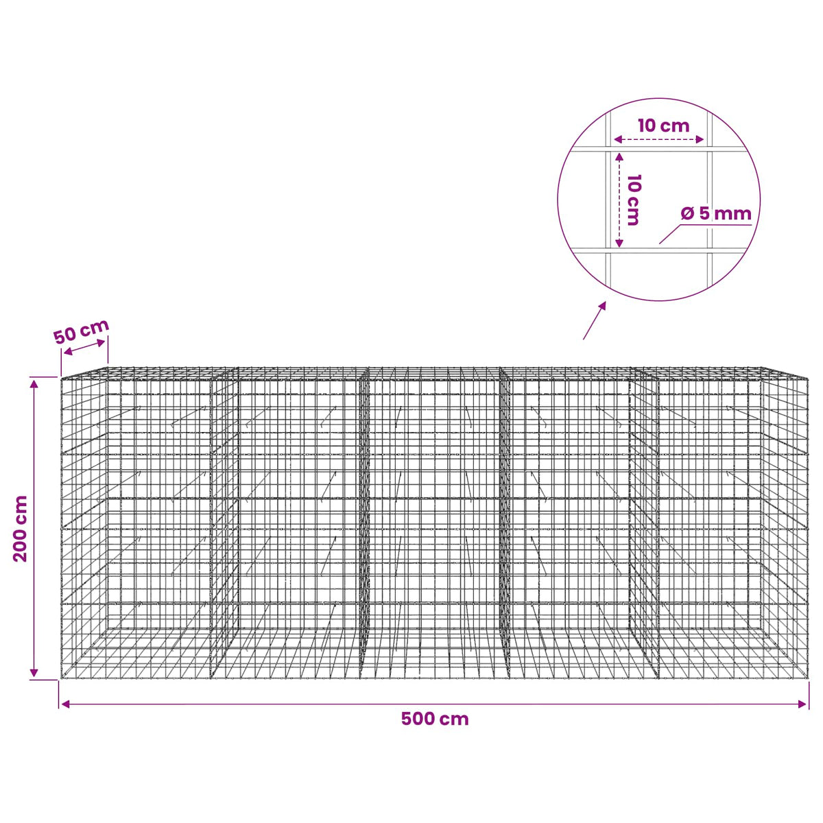 vidaXL Gabion z drutu 5 mm i siatką 10x10 cm 500x50x200 cm