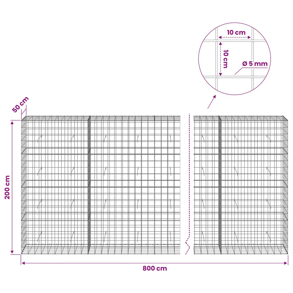 vidaXL Gabion z drutem 5 mm i siatką 10x10 cm 800x50x200 cm