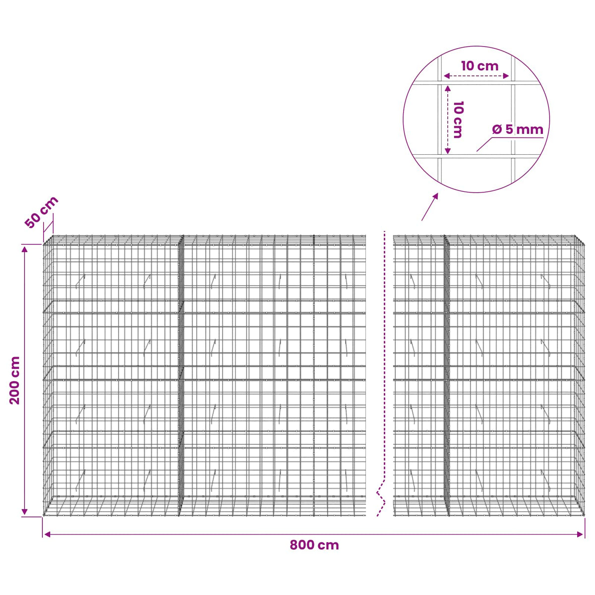vidaXL Gabion z drutem 5 mm i siatką 10x10 cm 800x50x200 cm