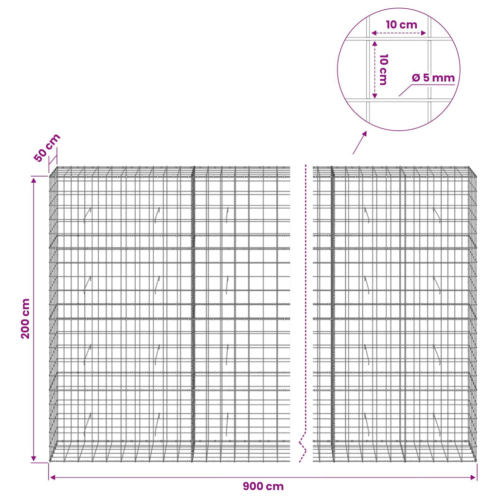 vidaXL Gabion z drutem 5 mm i siatką 10x10 cm 900x50x200 cm