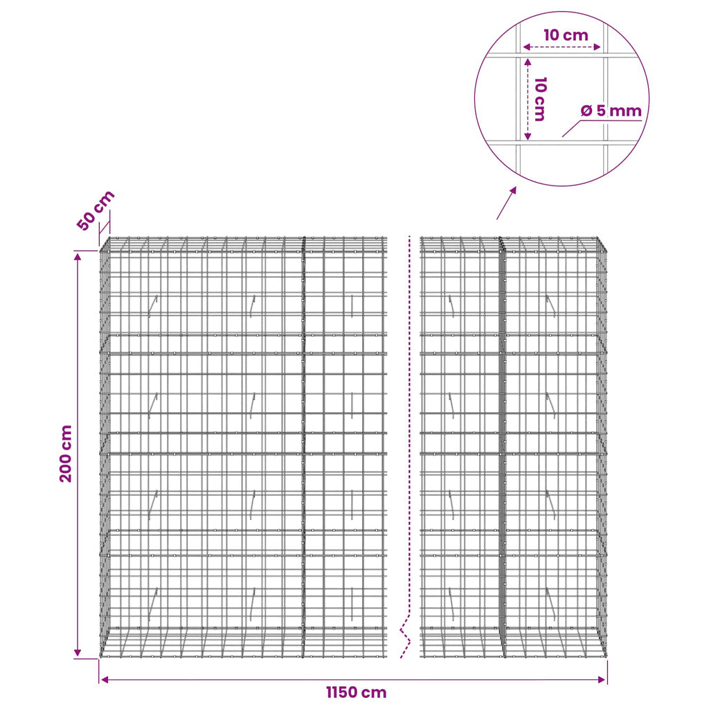 vidaXL Gabion z drutem 5 mm i siatką 10x10 cm 1150x50x200 cm