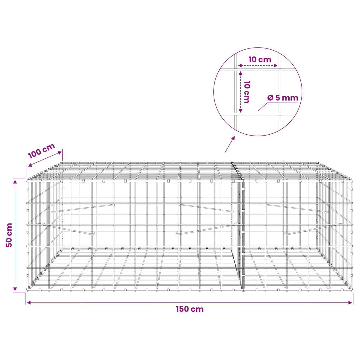 vidaXL Gabion z drutem 5 mm i siatką 10x10 cm 150x100x50 cm