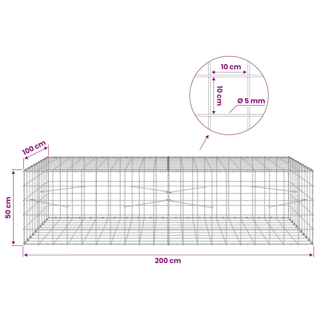 vidaXL Gabion z drutu 5 mm i siatką 10x10 cm 200x100x50 cm