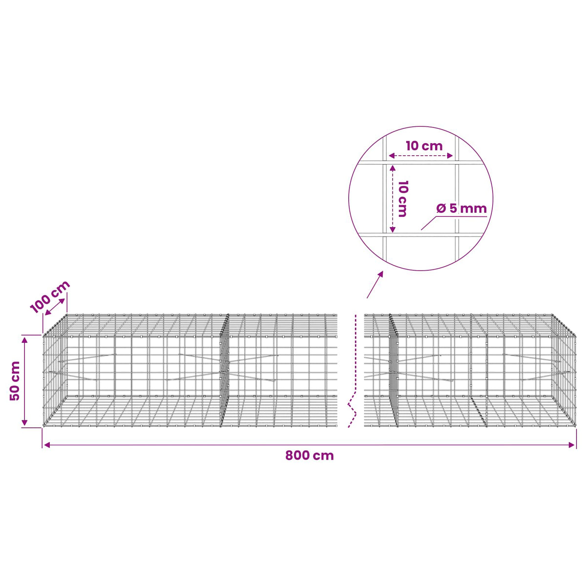 vidaXL Gabion z drutem 5 mm i siatką 10x10 cm 800x100x50 cm